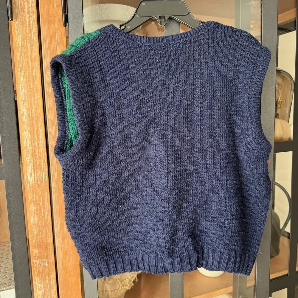 Vintage 90s knit sweater vest teddy bear embroidered girl heart colorblock navy